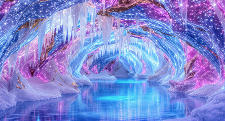 Icicle cave with twinkling lights, crystal reflections, glowing blue water, magical winter landscape, sparkling ice, fantasy scene