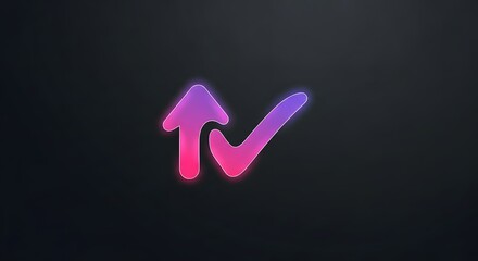 A neon-glowing abstract symbol with an upward arrow and a checkmark against a dark background.