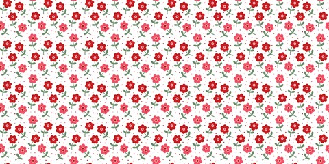 Floral pattern background. Seamless with red and pink flowers, green leaves, and dots on white backdrop. Cute spring design for fabric, wrapping, and decoration. Seamless groovy floral pattern.