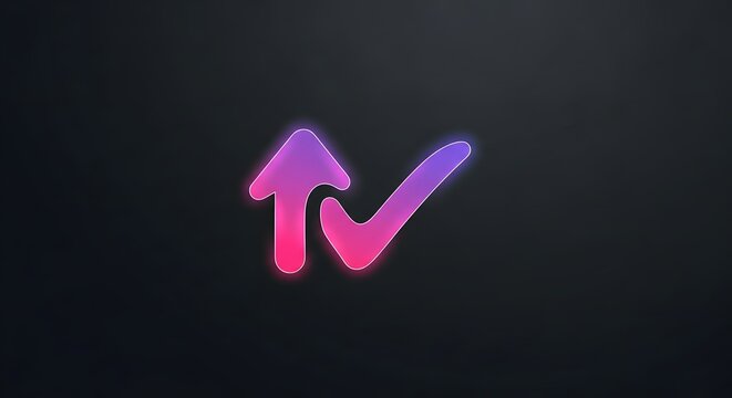 A neon-glowing abstract symbol with an upward arrow and a checkmark against a dark background.