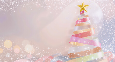 Ribbon swirl forming tree shape with glitter dots pastel color festive magical holiday star abstract background