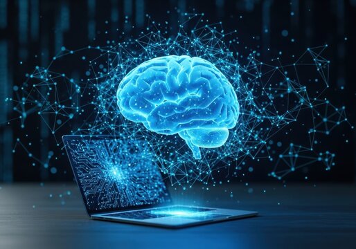 AI Brain Connected to Laptop - Powered by Adobe