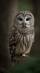 Fototapeta premium Majestic Barred Owl Perched on Branch in Forest, Detailed Feathered Portrait.