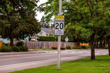 Metal pole with speed liimiting sign in a school zone on it read" School Zone, When children are present; 20