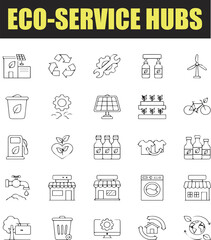 Eco-Service Hubs Line Icons Set – Sustainable Solutions and Green Technology Symbols.
