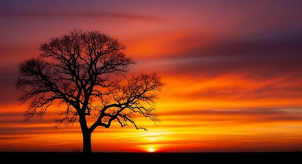 Naklejka premium Silhouette of a lone tree against a vibrant sunset sky.