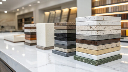 Stacks of colorful stone and composite countertop samples displayed in a modern kitchen or home design showroom, offering a wide selection for interior renovation