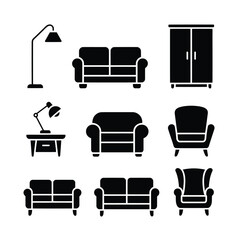 Collection of modern furniture icons including sofas armchairs and lamps