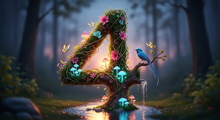 Enchanted Forest Number Four with Glowing Mushrooms and Butterflies.