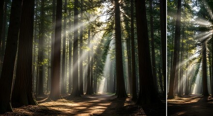 Obraz premium Beautiful forest pathway surrounded by tall trees and sunlight beams filtering through branches jpeg image.