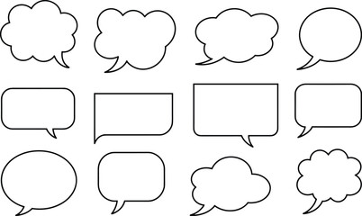 \omic speech and thought bubbles set, twelve empty shapes, dialogue and idea templates, cartoon communication elements, flat vector illustration collection