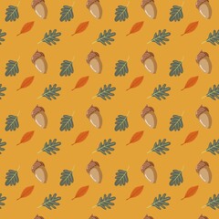 A seamless autumn pattern featuring hand-drawn acorns and colorful fall leaves in warm earthy tones on an orange background
