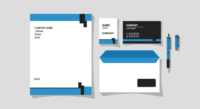 Modern Flat Style Business Stationery Mockup with Letterhead, Card and Envelope