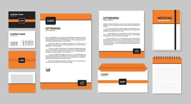 Clean Minimalist Orange and Black Corporate Identity Stationery Mockup Set Design