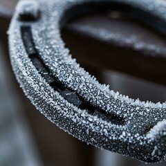 Fototapeta premium Frozen horseshoe with ice crystals evokes winter's embrace and tradition