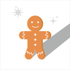 Flat Christmas gingerbread man illustration in warm brown and white icing with smiling face and long shadow for festive holiday greeting card, winter banner, and decoration background