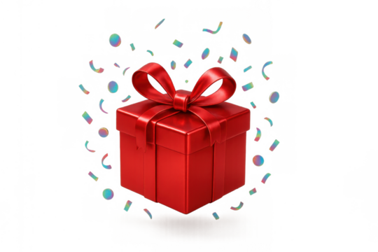 Red gift box with ribbon and bow, surrounded by colorful holographic confetti, offering surprise and celebration on transparent background