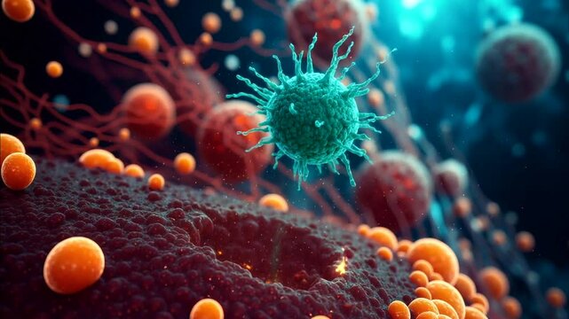3D Animation of Antibody T Cell or NK Cell Attacking Cancer Cell or Virus.  - Powered by Adobe