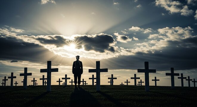 Veterans Day Remembrance Honoring Fallen Heroes at American Military Cemetery Sunset Scene