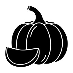 Illustration of a whole pumpkin with a curved stem and a slice in black silhouette style design