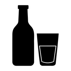 Silhouette of a bottle and a glass with liquid, both in black, placed side by side on white background