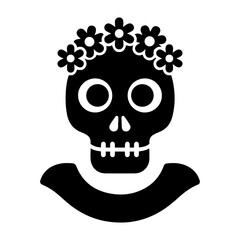 Black and white illustration of a skull with flower crown and neck adornment in simple style