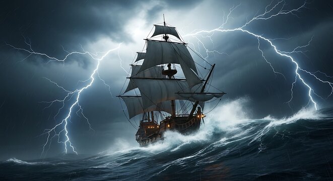 Ship sailing through a stormy sea with lightning strikes. - Powered by Adobe