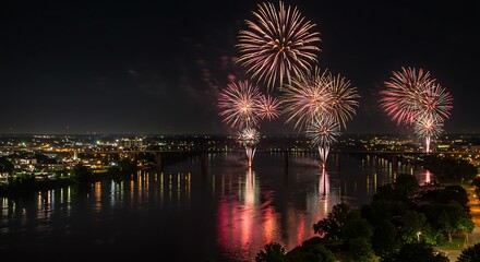 Spectacular Fireworks Display Over City Skyline Reflected in Water.