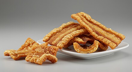 Heap of crunchy fried pork rinds on a white plate against a gray background.