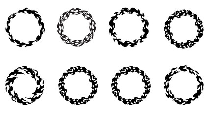 fire flame rings. Black burning hoops, blaze round border frames, inferno fire circle gate, energy dynamic effect. Vector set