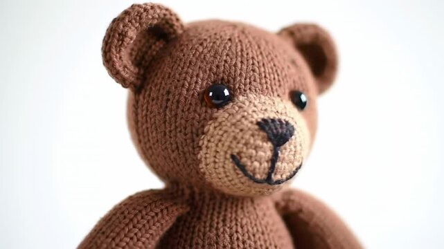 A close-up shot showcasing a knitted bear, featuring brown knitwork with stitched eyes and a smiling mouth against a white backdrop