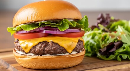 Juicy Cheeseburger with Fresh Lettuce and Tomato Served with a Side Salad.