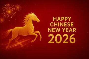 Vibrant red banner for the Year of the Horse 2026, celebrating the Chinese zodiac with a golden equine and fireworks display