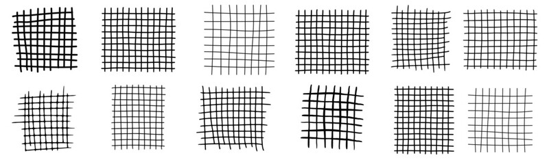 Grid pattern hand drawn. Line checkered texture, pencil sketch stripe paper. vector set