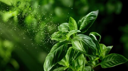 Fresh Green Basil Leaves with Water Droplets Highlighting Vibrant Green Color and Natural Texture in Soft Focus Background