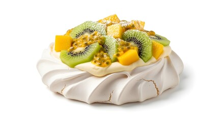 Crispy meringue pavlova topped with tropical fruits and whipped cream in a bright summer
setup
