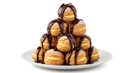 Classic French profiteroles filled with vanilla cream and coated in chocolate sauce