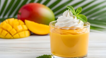 Creamy tropical mango mousse topped with whipped cream and mint leaves, served chilled.