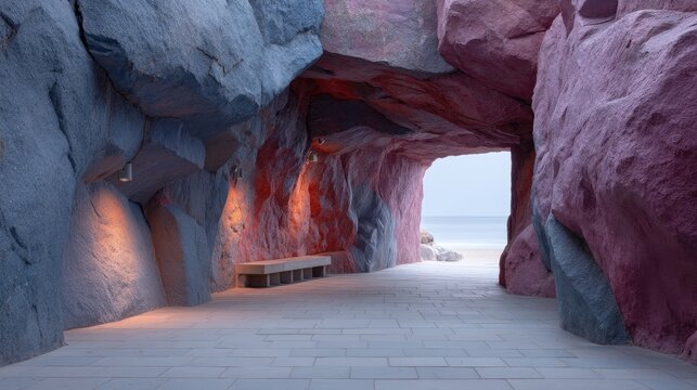 Unique Cave Interior With Textured Rock Formations Illuminated By Warm Orange Lights Leading To A Bright Beach Horizon Under A Clear Sky