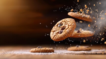 Freshly Baked Cookies in Motion with Crumbs and Sugar Dusting on Wooden Surface