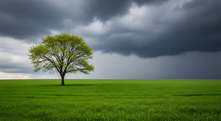 Obraz premium Lonely tree on lush green field under dramatic sky before rain