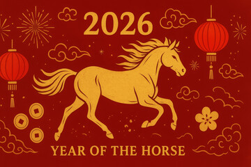 A beautiful brown horse with a flowing mane canters freely through a vibrant pink flower meadow during a golden sunset