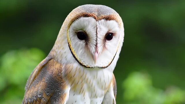 A close-up side profile of a bird with white, brown, and tan feathers and a distinctive heart-shaped face against blurred greenery