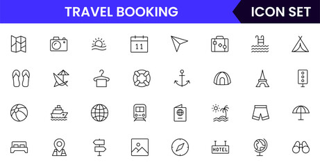 Travel Booking vector web line icon collection, sleek illustrations of tickets, maps, luggage, planes for seamless, adventurous designs.