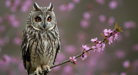 Majestic Long-eared Owl Perched on a Branch Amidst Blossoms.