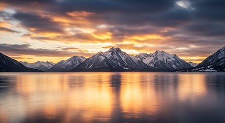 Majestic mountain range reflects in calm lake during vibrant sunset.