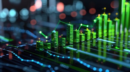 Digital financial data visualization with green chart bars and dynamic graphs reflecting market trends and data analysis