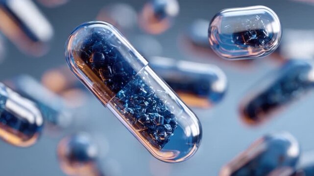 Futuristic Blue Transparent Capsules Floating in Space Against a Soft Background for Health and Wellness Concepts in Pharmacy and Medicine