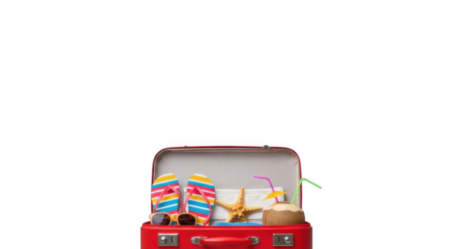 Open red suitcase filled with colorful books, toys, and summer accessories for travel or vacation isolated on transparent background
