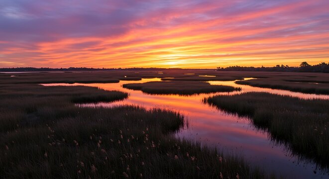 Vibrant Sunset Over Marshland With Winding Waterways Reflecting Colors.
